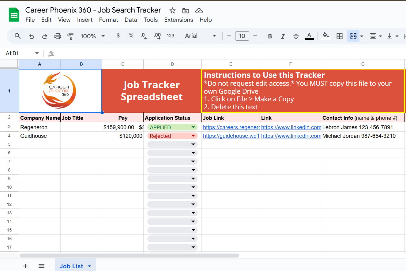 Job Tracker Spreadsheet Preview